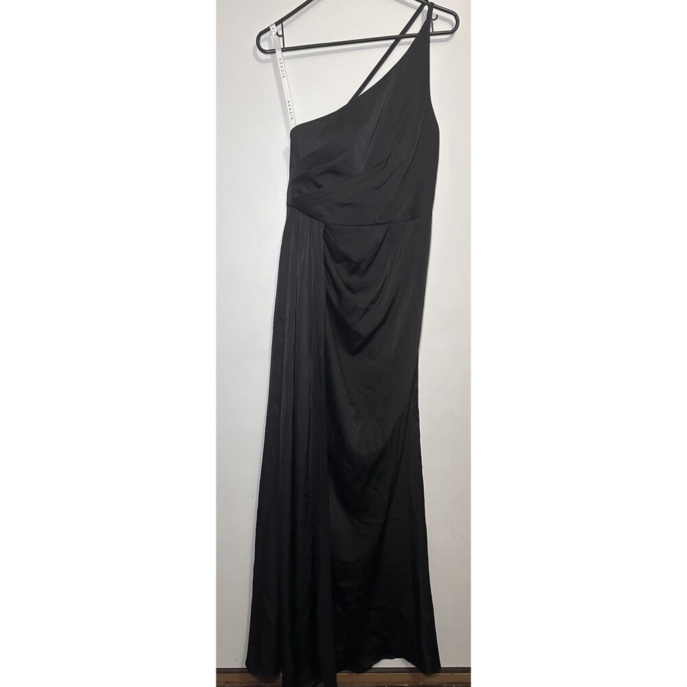 Azazie Long One Shoulder Dress A4 Black Chiffon Slit Thin Straps Formal Gown